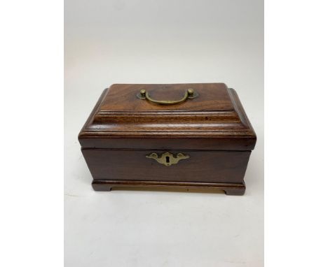 A late 19th century work box, inlaid figures and a port, and with parquetry decoration, 32 cm wide, a mahogany tea caddy, and