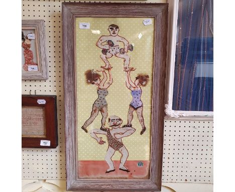 20th century, two strong men and two acrobats, collage of painted fabrics, initialed K. A., 63 x 59 cm 