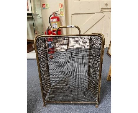 A brass and wire fireguard, 63 cm high, two others and other fireside items (box) 