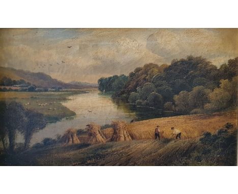 English School, late 19th century, landscape with figures, oil on canvas, 30 x 50 cm, portrait of a lady in a blue dress, oil
