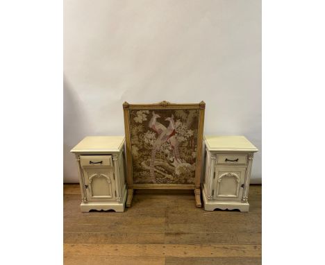 A pair of painted bedside cupboards, 47 cm wide and a 19th century firescreen, 82 cm wide (3) 