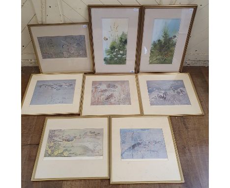 Barry K Barnes, garden scene with butterfly, watercolour, signed and its pair, 38 x 19 cm  and Ennion, a set of five limited 