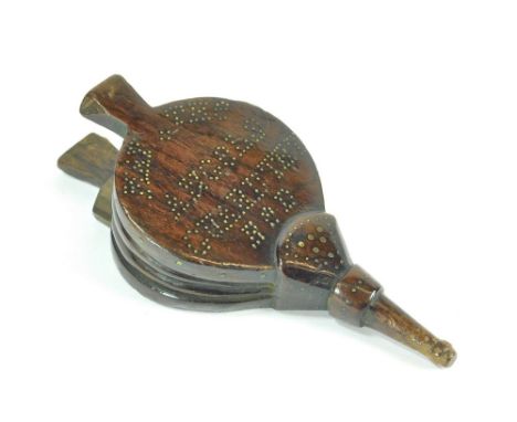 SNUFF BOX. A 19th century wooden love token snuff box in the form of a pair of bellows. With brass pique work, the front pinn