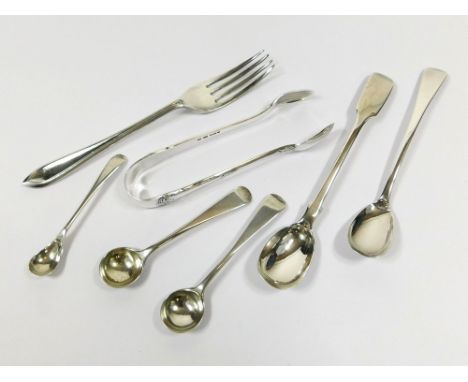 FLATWARE. Five various condiment spoons, a pair of sugar tongs, Sheffield 1912, & a Roberts & Belk dessert fork.  Please note