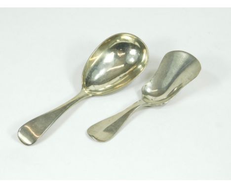 CADDY SPOONS. A plain Victorian silver caddy spoon & an Edwardian caddy spoon with shovel shaped bowl.  Please note that all 