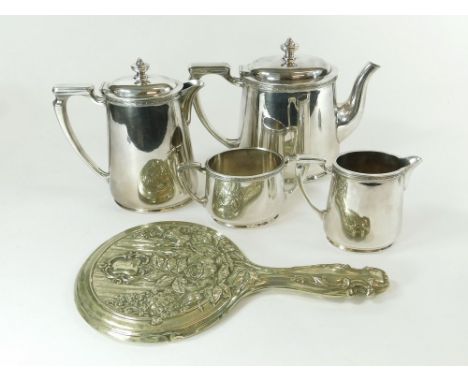 TEA SERVICE ETC. A Mappin & Webb four piece tea service & a silver plated Art Nouveau hand mirror.  Please note that all item