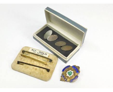 CUFFLINKS ETC. A pair of engine turned silver cufflinks, three tie pins (two gold plated), & a silver gilt & enamelled 1933, 