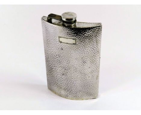 SPIRIT FLASK. A Sterling silver, 3/4 pint, planished silver curved spirit flask. Stamped Sterling & CW. (Arm on screw top def