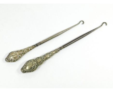 BUTTON HOOKS. A silver mounted button hook, Chester 1906. Also, an EPNS mounted button hook.  Please note that all items in t