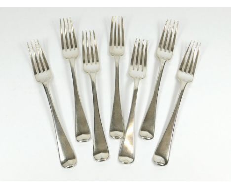 SILVER FORKS. A set of six George III, OE pattern table forks by W. Eyley & W. Fearn. London 1798. Also, one other matched ta