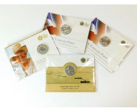 £20 COINS. Four Royal Mint commemorative fine silver £20 coins, to include 'The 90th Birthday of Her Majesty the Queen', 2014