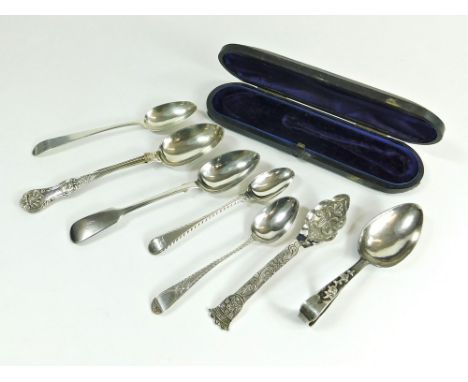 SILVER SPOONS. A Victorian silver spoon in fitted case. (Stem repaired). Also, a Chinese child's spoon by Wingon & Co. of Hon