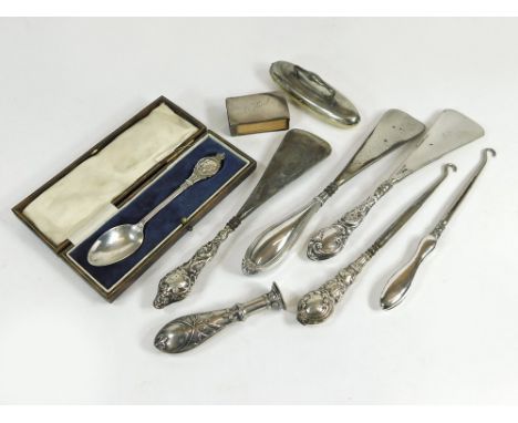 MISCELLANEOUS. Various silver mounted shoe lifts, button hooks, a 1937 cased Coronation spoon etc.  Please note that all item