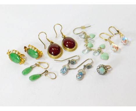 EARRINGS. A pair of 9ct. gold mounted carnelian earrings. Also, four other pairs of earrings including jade & two single earr