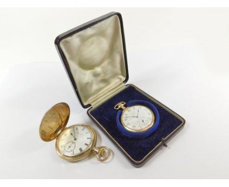 POCKET WATCHES. An Elgin full hunter pocket watch in gold plated, engine turned case. Fitted presentation case. Also, an Elgi