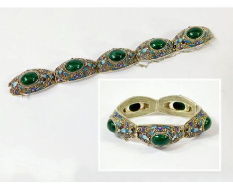CHINESE BRACELET. A Chinese silver filigree bracelet enamelled & set with malachite cabochons. Length 17cm.  Please note that