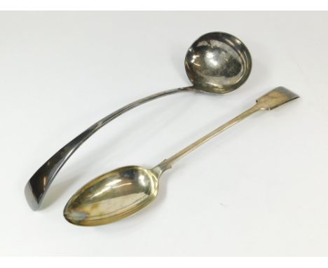 SOUP LADLE ETC. An EPNS, OE pattern soup ladle & an Elkington & Co. fiddle pattern basting spoon.  Please note that all items