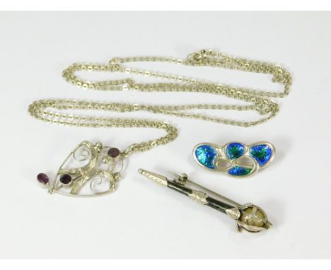 CHARLES HORNER ETC. A Charles Horner silver & enamel brooch (Slight loss of enamel). Also, a silver & amethyst pendant with l