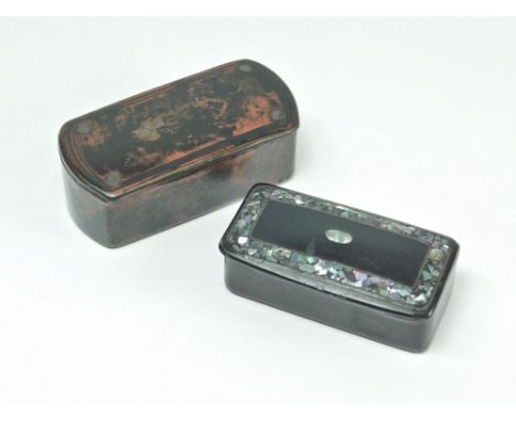 SNUFF BOXES. A 19th century papier mache lacquered snuff box, inlaid with abalone & one other papier mache, faux tortoiseshel