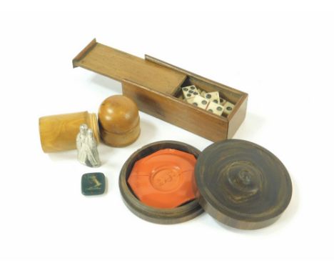 SEAL BOX ETC. A 19th century turned wooden seal box, with seal & bloodstone intaglio for a ring. Also, a set of miniature bon