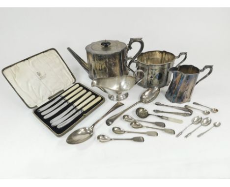 TEA SERVICE ETC. A Victorian three piece silver plated tea service by Benetfink & Co. Also, a quantity of flatware, a sauce b