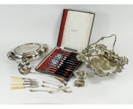MISCELLANEOUS. Miscellaneous EPNS etc, including a Victorian swing handled cake basket, an EPNS soup ladle, some flatware, a 
