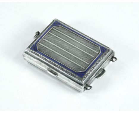 SILVER MINAUDIERE. An engine turned silver & blue enamelled minaudiere. The mirrored compact with original miniature powder p