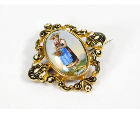 SOUVENIR BROOCH. A 19th century, Swiss yellow metal brooch enamelled in black & white, at the centre an enamel plaque titled 
