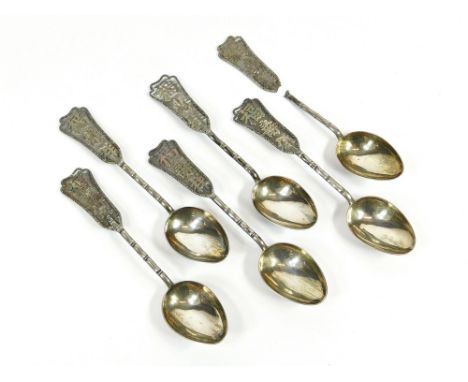 CHINESE SPOONS. A set of six Chinese silver teaspoons, the finials with three character decoration. Maker's mark WS for Woshi