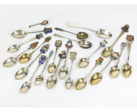 SOUVENIR SPOONS ETC. Twelve various silver & enamel souvenir spoons. Also, six silver plated & enamel souvenir spoons, a silv