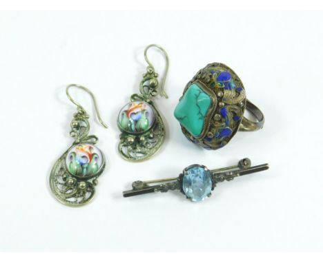 CHINESE RING ETC. A Chinese silver & enamelled ring, set a turquoise stone. (Enamel worn). Also, a pair of enamelled drop ear