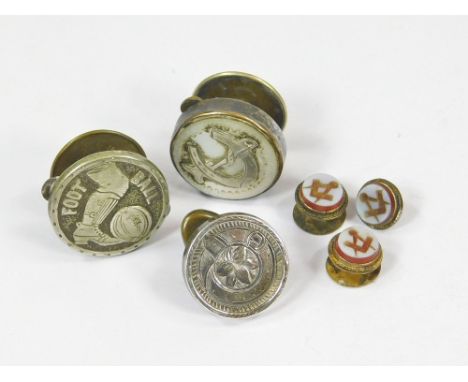 BACHELOR'S BUTTONS ETC. Two Bachelor's buttons including one for football. Also, three Masonic onyx intaglio studs & one othe
