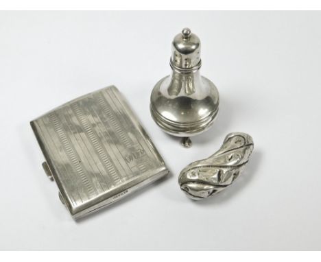 CIGARETTE CASE ETC. A 1920's engine turned silver & silver gilt cigarette case, a silver pepperette & a cane finial.  Please 