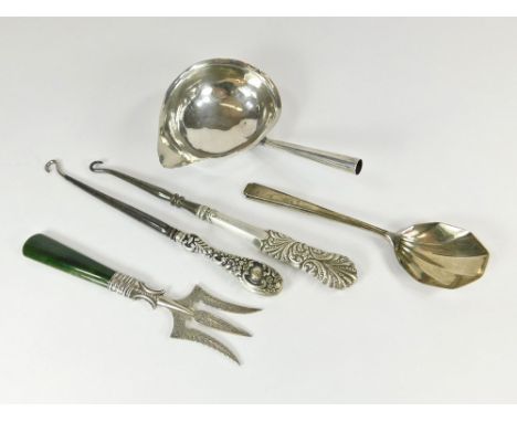 BUTTON HOOKS ETC. An Edwardian silver mounted button hook & a Sterling silver mounted button hook. Also, a silver punch ladle