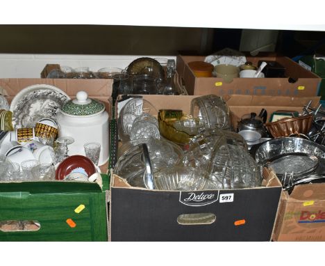 FIVE BOXES OF KITCHEN WARES ETC,  to include saucepans, copper jelly moulds, sieves, glass fruit bowls,  Denby 'Potters Wheel