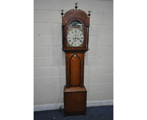 AN EARLY 19TH CENTURY OAK EIGHT DAY LONGCASE CLOCK, with three brass bird finials, twin turned supports, flanking an arched g