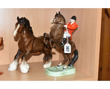 TWO BESWICK FIGURES, comprising 'Rearing Huntsman' 868 and  'Prancing  Shire Horse' model No.975, brown gloss finish (2) (Con