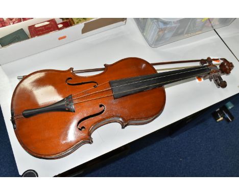 AN UNAMED VIOLA AND BOW, with a Romberg bevel finger board, length of body 41cm, length from scroll 65cm, the bow  is stamped