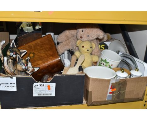 THREE BOXES OF CERAMICS, ORNAMENTS AND SOFT TOYS, to include carved wooden cat and elephant ornaments, a wooden sewing box, b