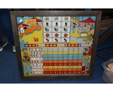 A FRAMED ILLUMINATED BALLY PINBALL BACK GLASS 'Jumbo', c.1960s, not tested, size of frame approx. 68cm wide x 61cm high, glas