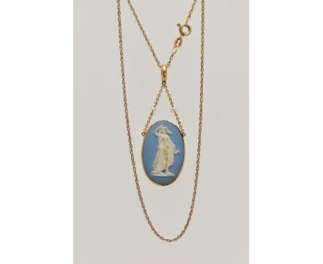 A 9CT GOLD WEDGWOOD PENDANT NECKLACE, the oval Wedgwood pendant depicting a female figure, suspended from a fine chain with s