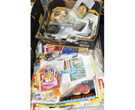 THREE BOXES OF BOTTLE AND TIN ADVERTISING LABELS, most appear unused and from the 1970s to present day, brands to include Gui