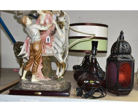 FOUR ELECTRIC LAMPS, comprising a Juliana Collection lamp in the form of  a horse and two figures, approximate height 64cm, t