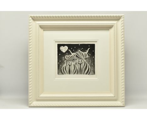 JENNIFER HOGWOOD (BRITISH 1980) 'LOVE UDDER THE MOO-N LIGHT', a monochrome sketch depicting a Bull and a Cow under a heart sh