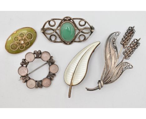 FIVE BROOCHES, to include a white guilloche enamel leaf brooch, fitted with a brooch pin and safety clasp, signed to the reve