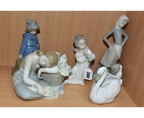 A GROUP OF LLADRO FIGURES, comprising 4540 Angel Playing Flute, 4682 ‘Girl with milk pail’ by V. Martinez, 1087 'Green Grocer