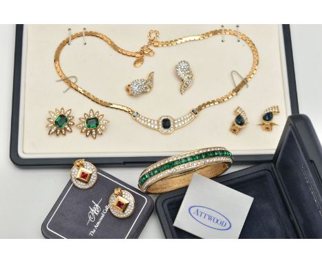 A SELECTION OF 'ATTWOOD' COSTUME JEWELLERY, to include a boxed hinged bangle set with colourless and green paste, a boxed set