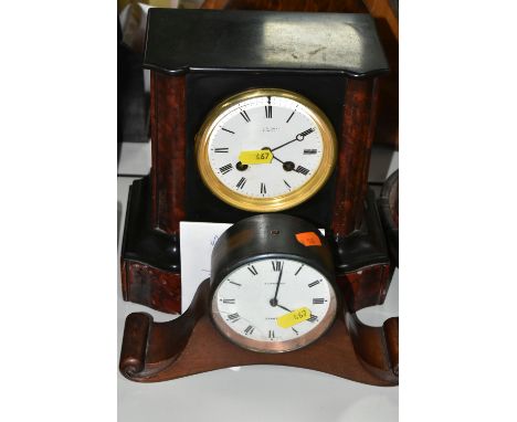 TWO MANTEL CLOCKS, comprising a Victorian black slate and red marble mantel clock made in Newcastle, bevelled glass, bell str