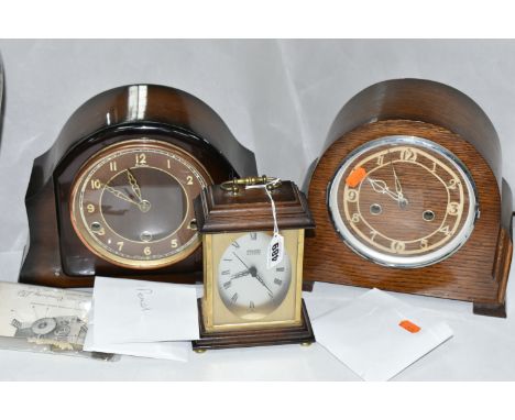 TWO MANTEL CLOCKS AND ONE CARRIAGE CLOCK, comprising a Staiger chrometron quartz carriage clock, height 17cm, a 1930's Bentim