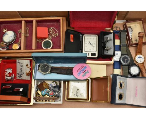 A BOX OF ASSORTED WRISTWATCHES AND COSTUME JEWELLERY, a small quantity of gents wristwatches with names to include 'Swatch, T